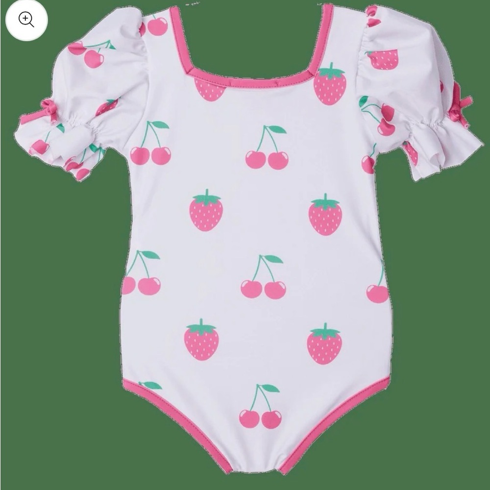 Kids White One-Piece Swimsuit with Pink Strawberry & Cherry Print